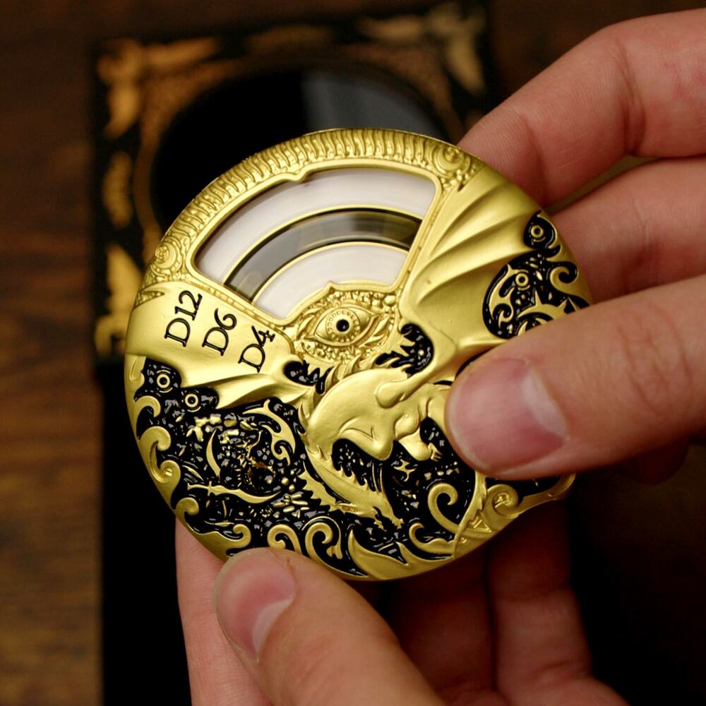 Black Gold Metal Dragon Dice Spinner D4 to D20 D&D RPG Fidget Spin Disc